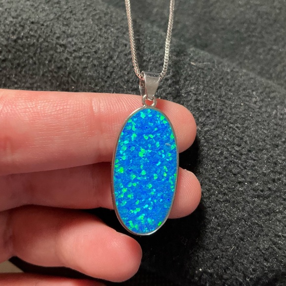 Blue Fire Opal Doublet Pendant Necklace Stainless Steel Chain Large Opal Pendant - Picture 4 of 6